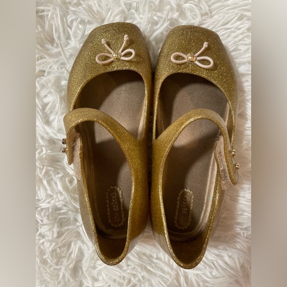 Mini Melissa Mary Jane Ballet Flats Shoes Ballerina Gold Bow Glitter Girls 10 - Picture 8 of 8
